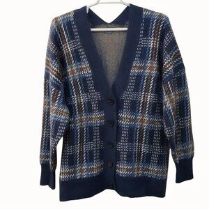 Biltmore Long Sleeve Plaid Cardigan Sweater, Size XXL, Navy Blue/White/Brown